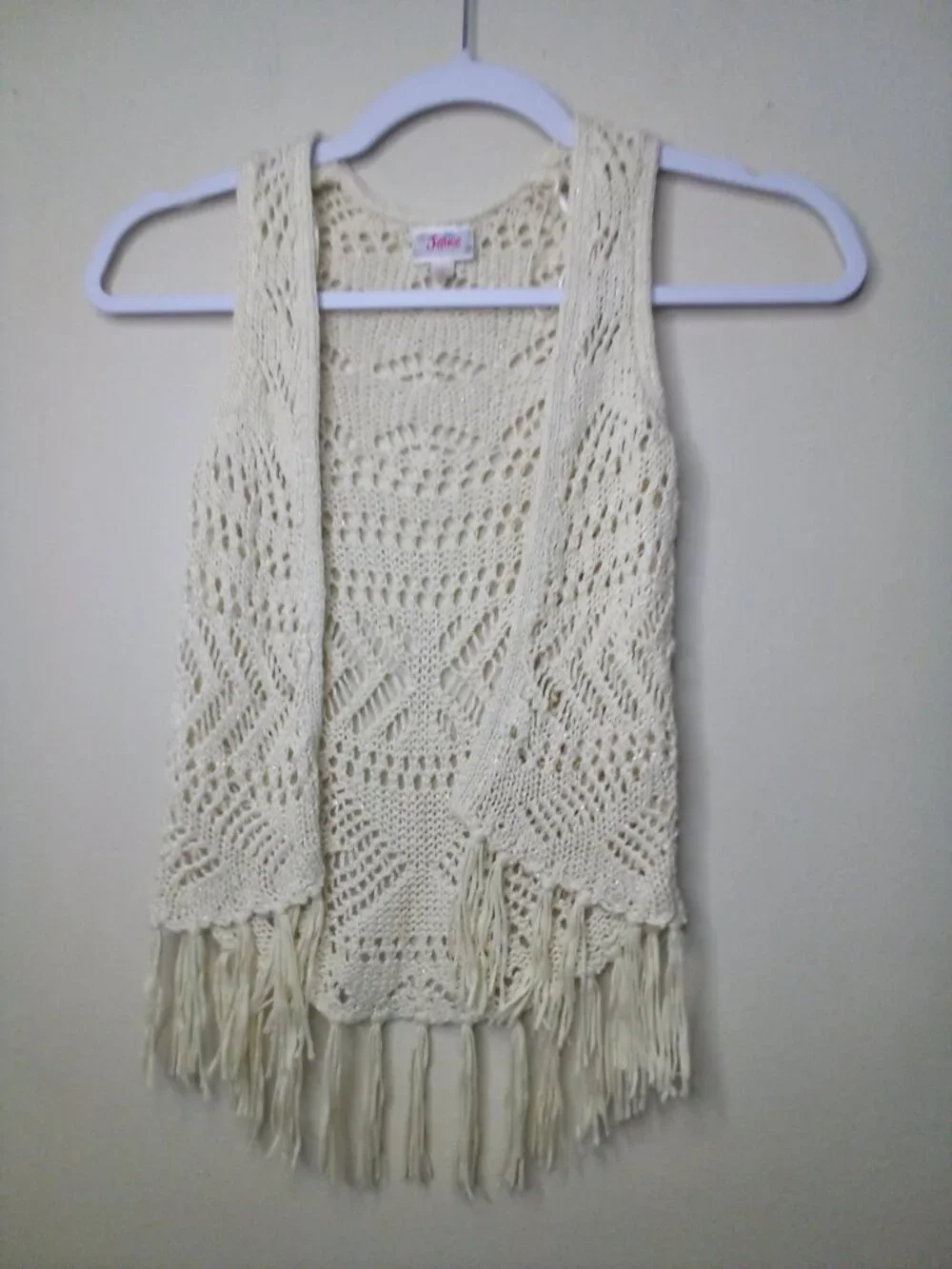 Justice Vest Cardigan Girls 5 Open Front Loose Knit Boho Fringe Cream